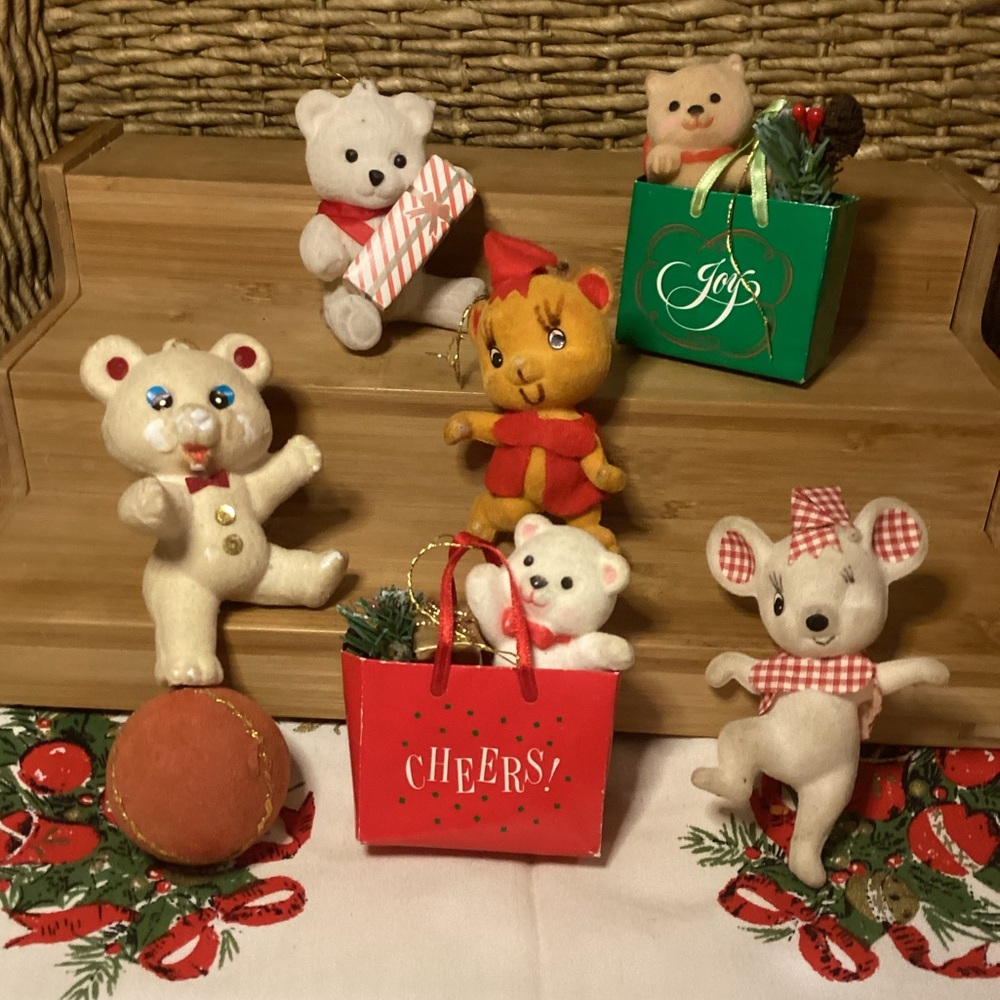 Vintage Flocked Holiday Bear & Mouse Ornaments Plus Shopping Bags with Bears
